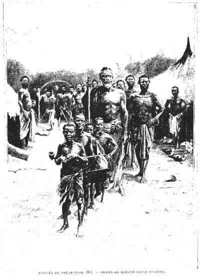 Arrivée d'une délégation Krou menée par le chef Nouan et précédée de sa pipe (La mission Hostains-d'Ollone,Le Tour du monde, 1901)